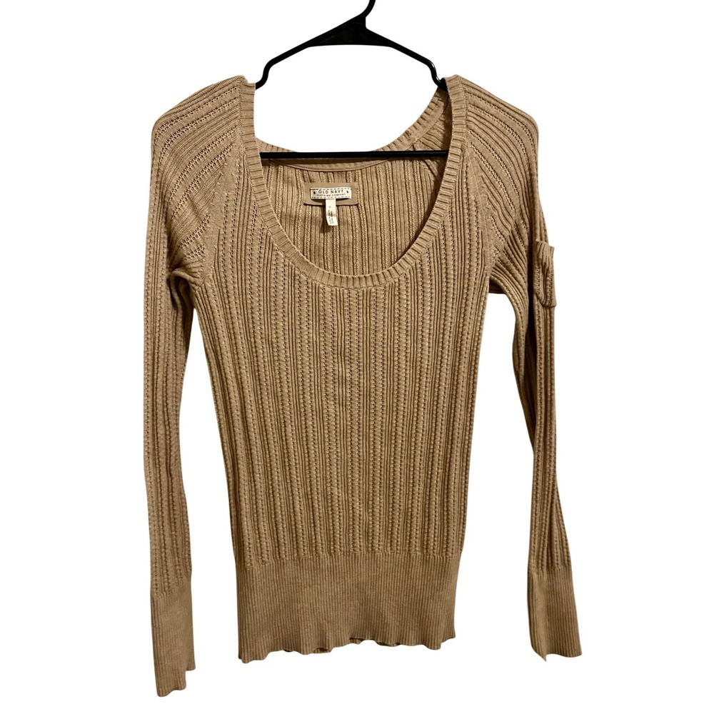Vintage Old Navy Ribbed Cotton Sweater Neutral Tan M - Picture 2 of 8